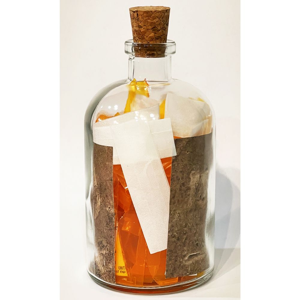 <br/>Paliza Praetorian back, 10/9/2025<br/>Apx 6½" x 3" x 3"<br/>glass, paper, ink, cork and plastic